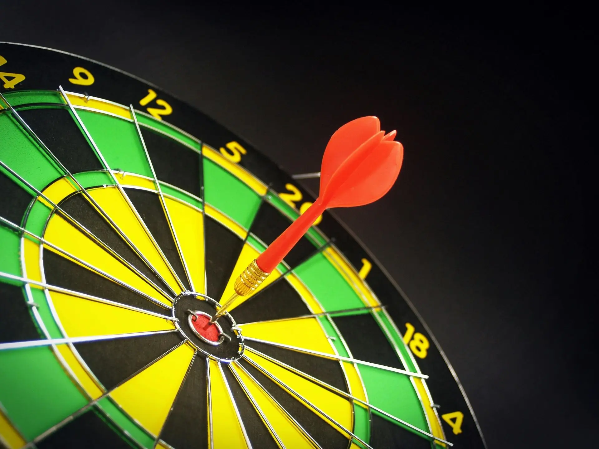 afbeelding van een darts bord met een rode pijl in de bull's eye