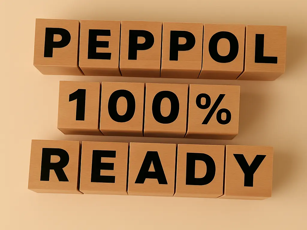 afbeelding van een serie blokken die de woorden Peppol 100% Ready vormen
